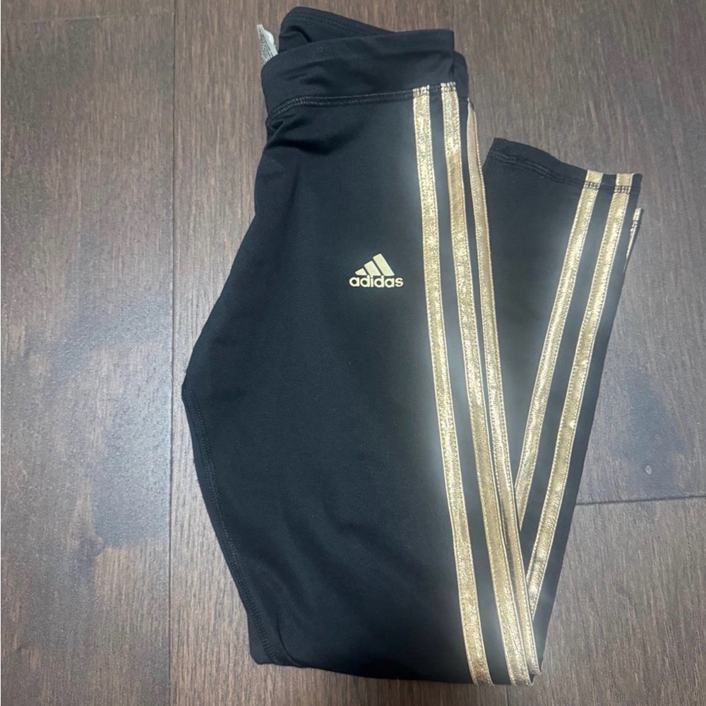 Adidas Kids Black Leggings with Gold Stripes